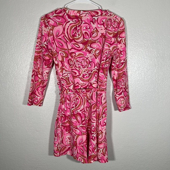 Lilly Pulitzer Karlie‎ Wrap Romper Large Mango Salsa Pink 3/4 Sleeve - Picture 3 of 5